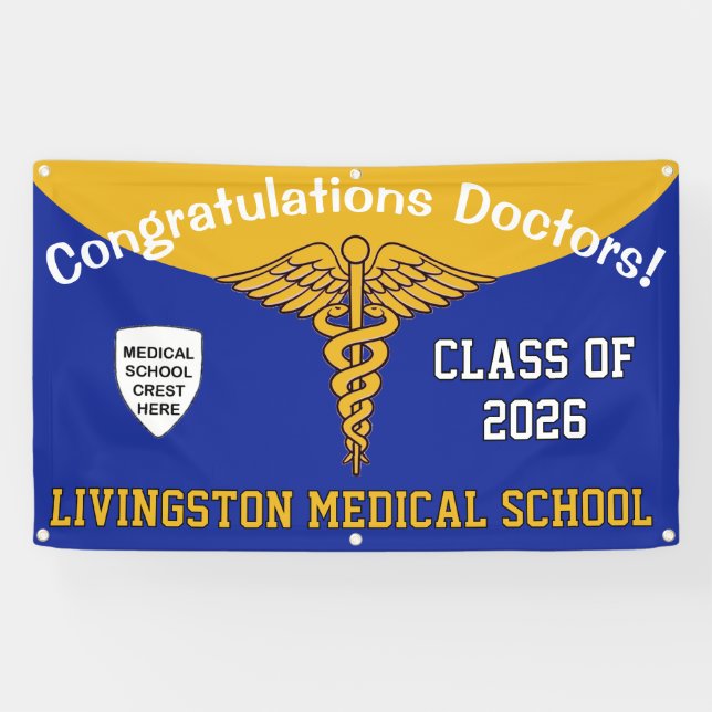 Blue and Gold Caduceus Medical School Graduation Banner (Horizontal)