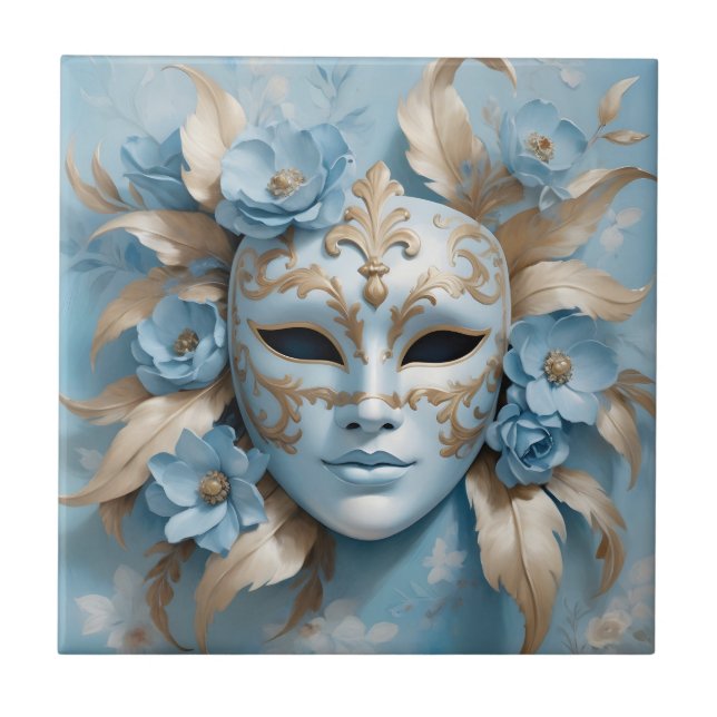 Blue and gold carnival mask ceramic tile (Front)