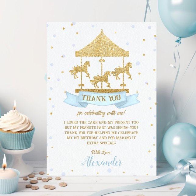 Blue and Gold Carousel Boy 1st 2nd 3rd Birthday  Thank You Card (Creator Uploaded)