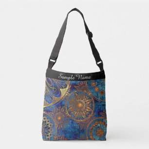 Blue and Gold Celestial Mandala Custom Name Crossbody Bag