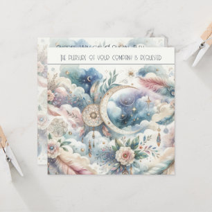Blue and Gold Celestial Moon Dream Catcher Wedding Invitation