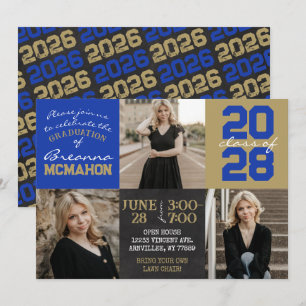 Blue and Gold Chalkboard 3 Photo Graduation Invitation