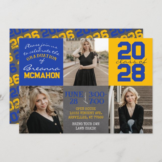 Blue and Gold Chalkboard 3 Photo Graduation Invitation (Front/Back)