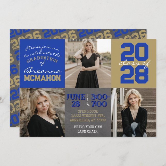 Blue and Gold Chalkboard 3 Photo Graduation Invitation (Front/Back)
