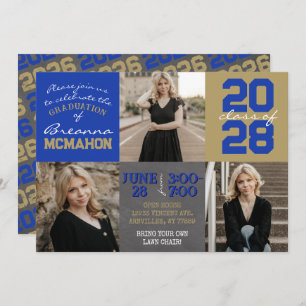 Blue and Gold Chalkboard 3 Photo Graduation Invitation