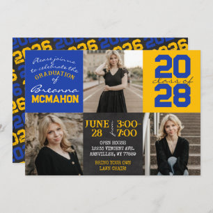 Blue and Gold Chalkboard 3 Photo Graduation Invitation