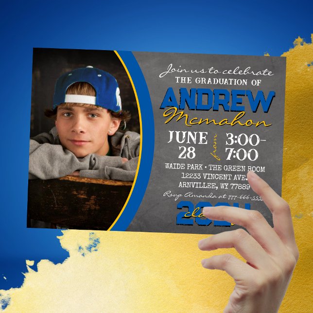 Blue and Gold Chalkboard Graduation Invitation (Blue & Gold Chalkboard Photo Graduation Invitations. Available printed or digital download)