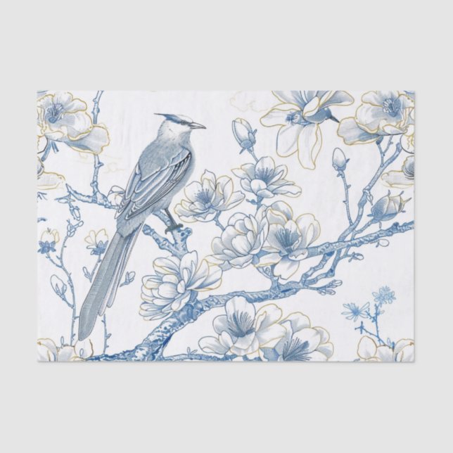 Blue and Gold Chinoiserie French-Toile Bird Tissue Paper (Front)
