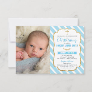 Blue and Gold Christening Boy Photo Invitation