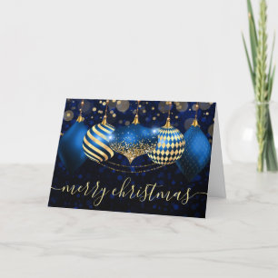 Blue and Gold Christmas Baubles Ornaments Holiday Card