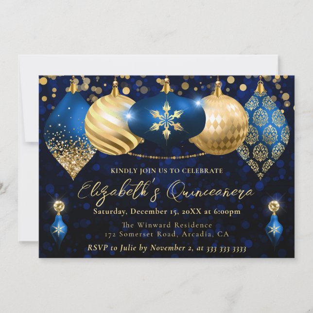 Blue and Gold Christmas Baubles Quinceanera Invitation (Front)