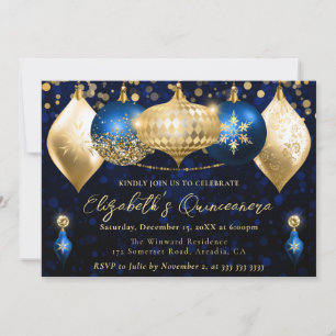 Blue and Gold Christmas Baubles Quinceanera Invitation