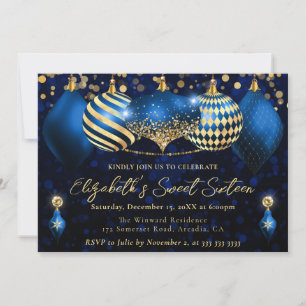 Blue and Gold Christmas Baubles Sweet 16 Invitation