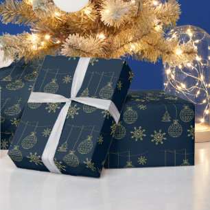 Blue and Gold Christmas Ornaments Pattern Gift Wrapping Paper