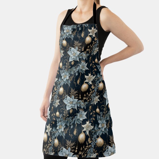 Blue and Gold Christmas Ornaments Poinsettias Apron (Insitu)