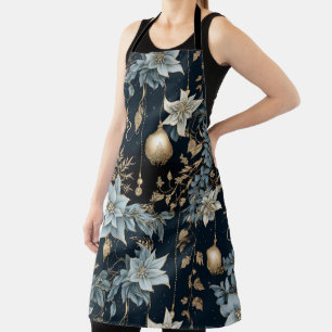 Blue and Gold Christmas Ornaments Poinsettias Apron