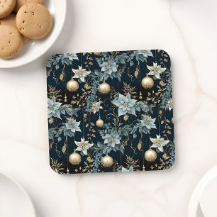 Blue and Gold Christmas Ornaments Poinsettias Coaster