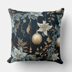 Blue and Gold Christmas Ornaments Poinsettias Cushion