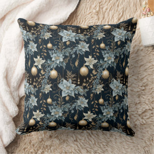 Blue and Gold Christmas Ornaments Poinsettias Cushion