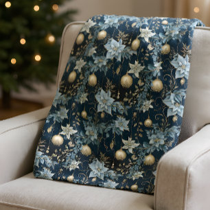 Blue and Gold Christmas Ornaments Poinsettias Fleece Blanket
