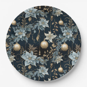 Blue and Gold Christmas Ornaments Poinsettias Paper Plate
