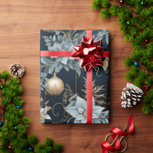 Blue and Gold Christmas Ornaments Poinsettias Wrapping Paper