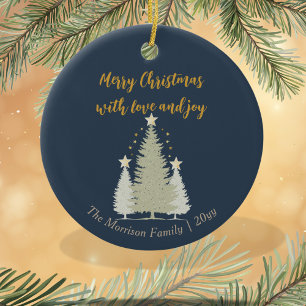 Blue and Gold Christmas Tree and Stars Ceramic Ornament