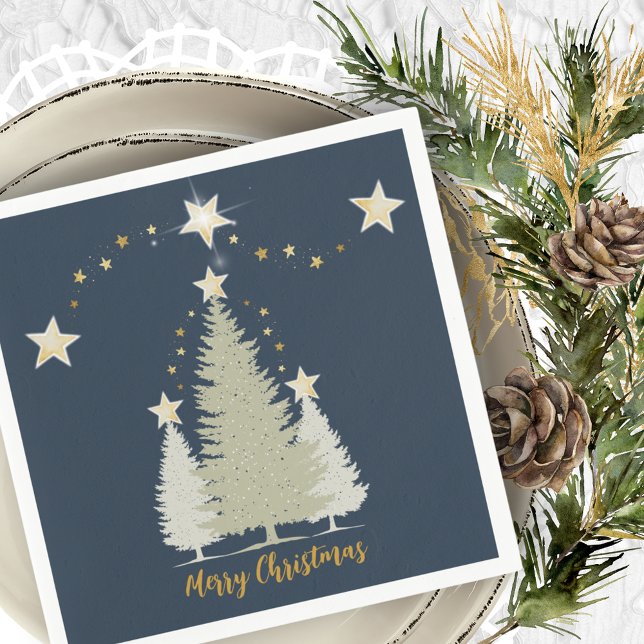 Blue and Gold Christmas Tree and Stars Paper Napkin (Blue and Gold Christmas Tree and Stars Paper Napkins)