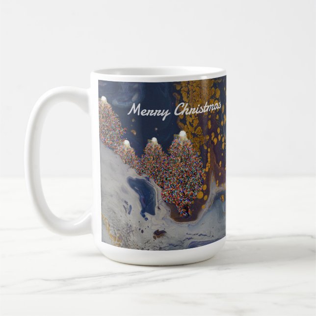 Blue and Gold Christmas Trees at Night Mug (Left)