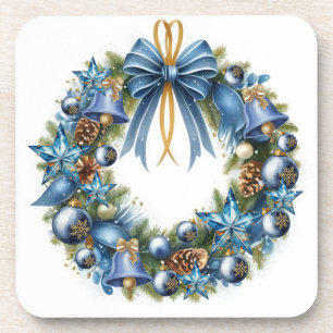 Blue and Gold Christmas Wreath Coaster