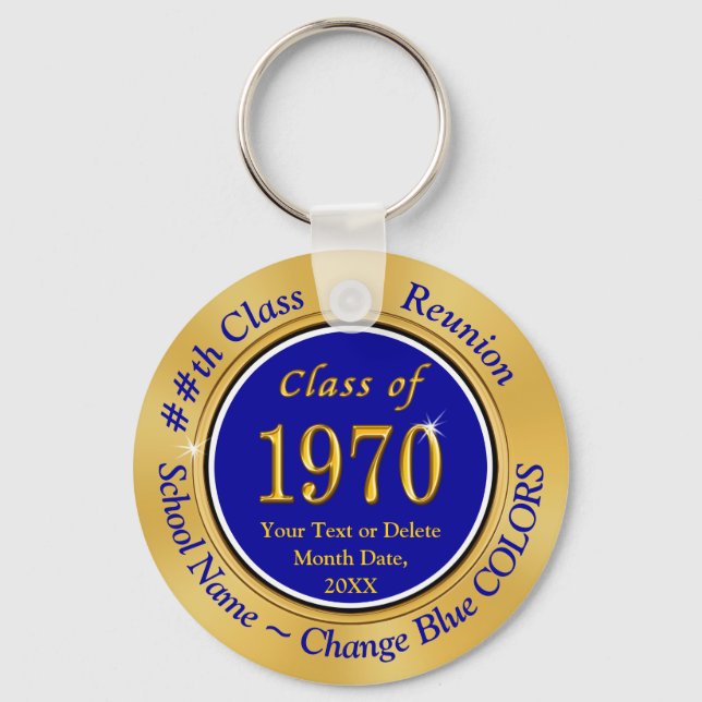 Blue and Gold Class of 1970 Personalized Reunion Key Ring (Front)