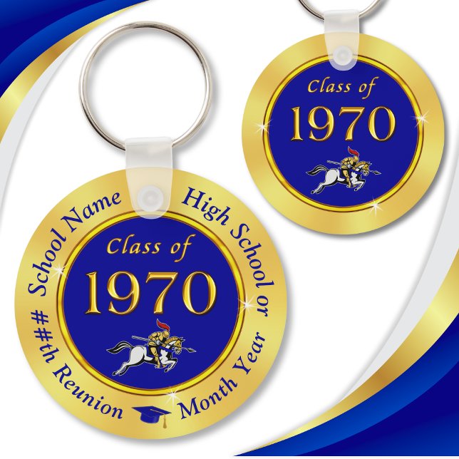 Blue and Gold, Class of 1970 Reunion, Favours Key Ring (Blue Gold, Knight on Horse, Class of 1970 Reunion, Party Favors. Cheap, Class of 70 ideas for gifts.)