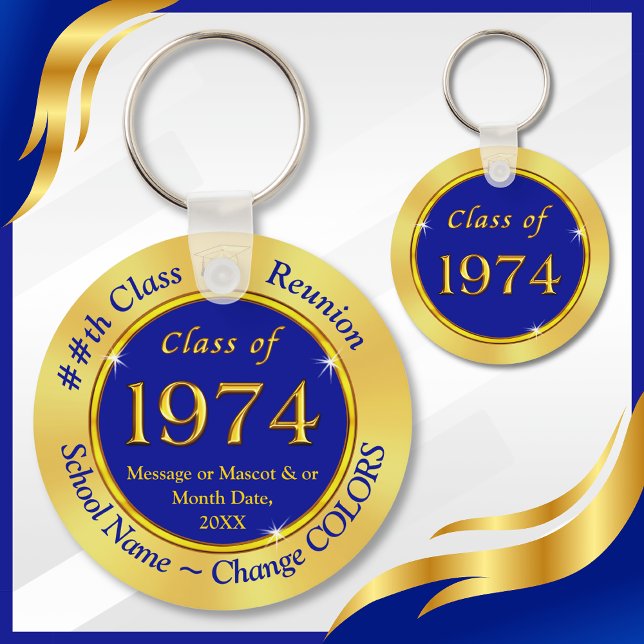 Blue and Gold, Class of 1974, Reunion Party Favors Key Ring (Class of 1974 ideas. 50th reunion keychains are great, 50th high school reunion favors. Blue Gold.)