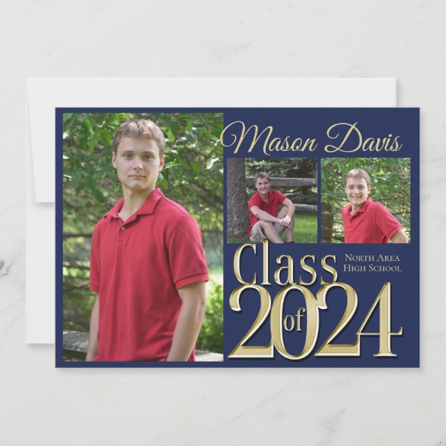 Blue and Gold Class of 2020 Photo Graduation Invitation (Front)