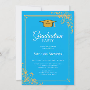 Blue And Gold Classic Graduation Cap Party Invitation