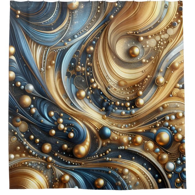 Blue and gold combination on abstract waves art shower curtain (Front)