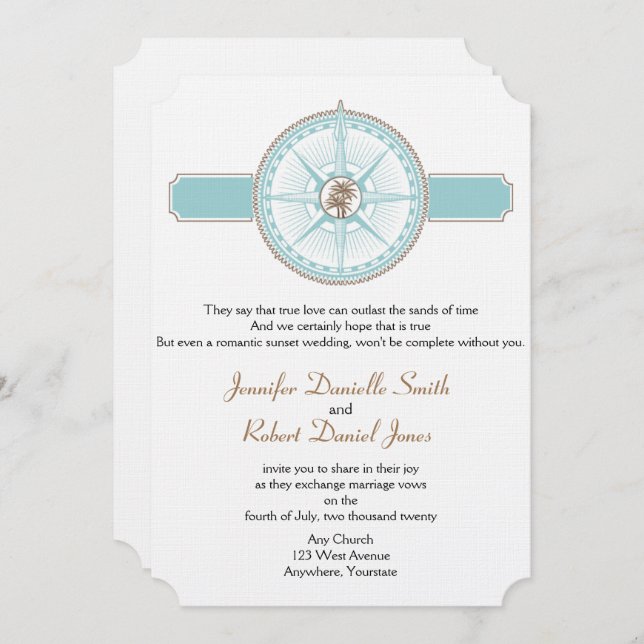 Blue and Gold Compass Rose Beach Wedding Invitation (Front/Back)