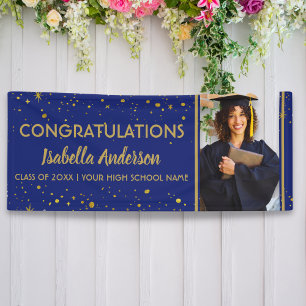 Blue And Gold Confetti Grad Photo Graduation 2026 Banner
