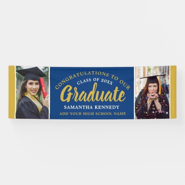 Blue And Gold Congrats Grad 2 Photo Graduation Banner (Horizontal)