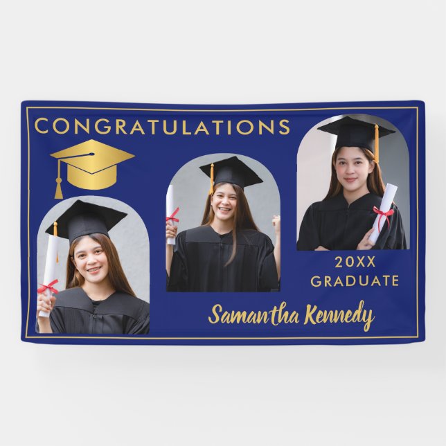 Blue And Gold Congratulations 3 Photo Graduation Banner (Horizontal)