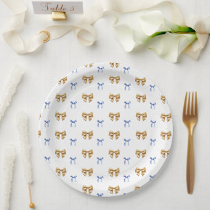 Blue and Gold Coquette Bow Paper Plate