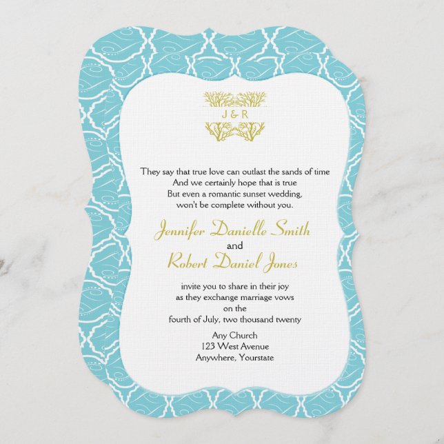 Blue and Gold Coral Rose Beach Wedding Invitation (Front/Back)