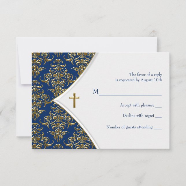 Blue and Gold Cross Baptism Christening RSVP Card (Front)