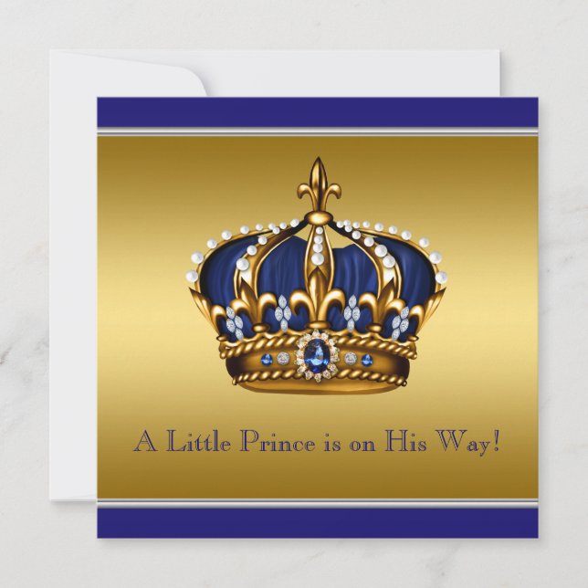 Blue and Gold Crown Little Prince Baby Shower Invitation (Front)