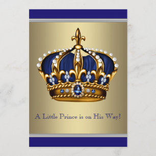 Blue and Gold Crown Little Prince Baby Shower Invitation