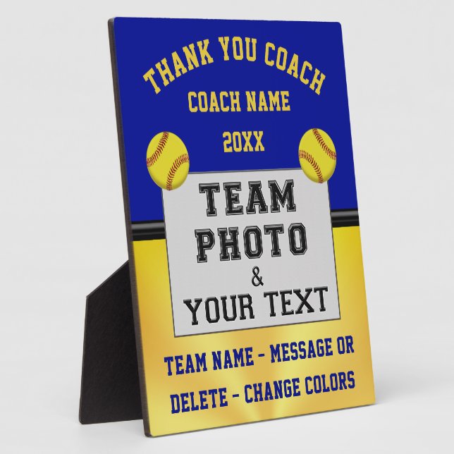Blue and Gold, Custom Photo, Softball Coach Gifts, Plaque (Side)
