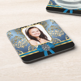 Blue and gold damask coaster