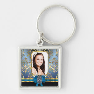 Blue and gold damask key ring