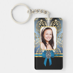 Blue and gold damask key ring