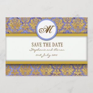 Blue and Gold Damask Monogram Save The Date Card
